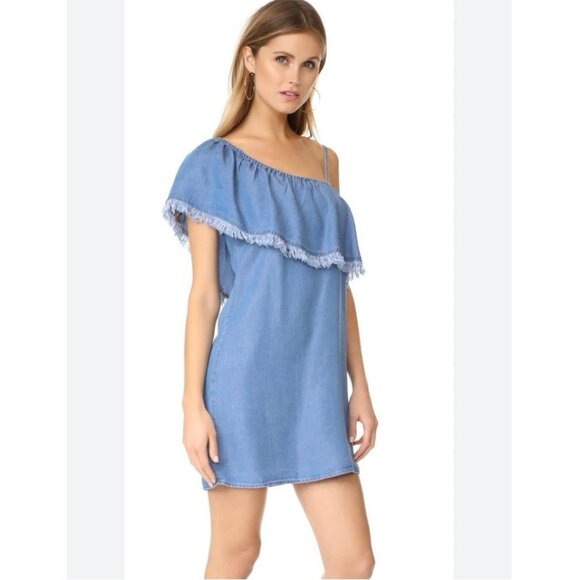 Aqua One-Shoulder Chambray Tencel Ruffle Denim Mini Dress Blue Size Small - Picture 1 of 5